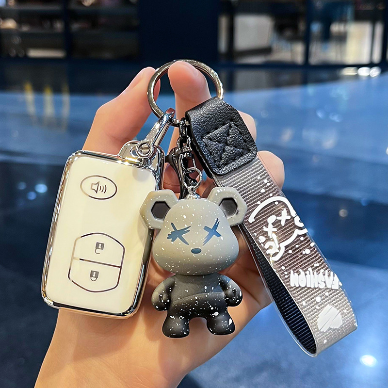 Toyota I-지능형 3 키 혼 [싱글 쉘 화이트] + 회색 폭력 곰 펜던트