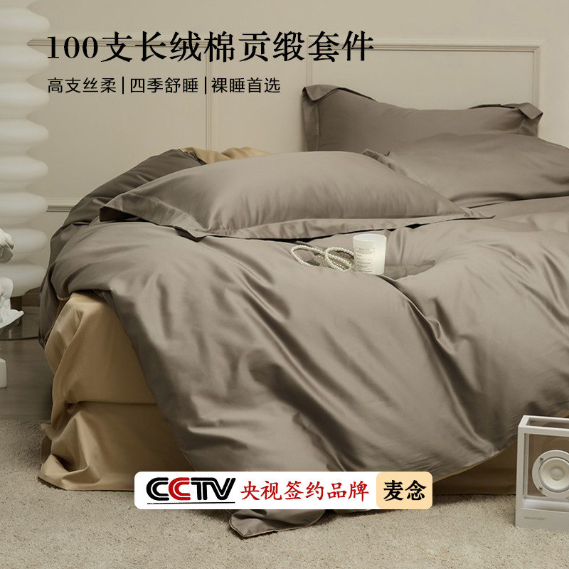 Light Luxury 100s Cotton Long-staple Cotton Four-piece Set Pure Cotton Solid Color Double-piece Quilt Cover Bed Sheet Simple Bedding Kit