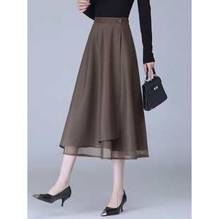 夏季一片高檔兩面半身裙網紗高腰中長款2025新款顯瘦垂感紗裙