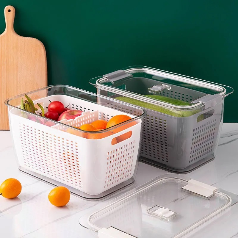 Double-layer Food-grade Plastic Drain Basket Fresh-keeping Box Refrigerator Storage Box Sealed Adjustable Clapboard Vegetable And Fruit Box