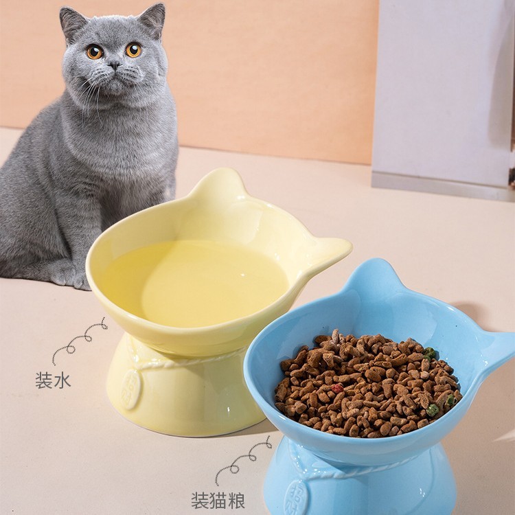下絵付けセラミック猫ボウル、飲料水猫フードボウル、かわいい猫ボウル、背の高いペットボウル、猫フードボウル、黒あご防止|undefined