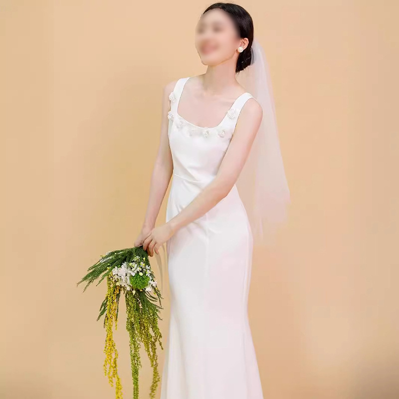 Cross-Border Wholesale French Light Wedding Dress, Simple and Elegant, Small Train Evening Dress, Simple and Elegant Travel Photography Veil