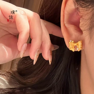 璞佐金店同款沙金拉丝星光蝴蝶结耳钉女甜美高级感气质耳饰送女友