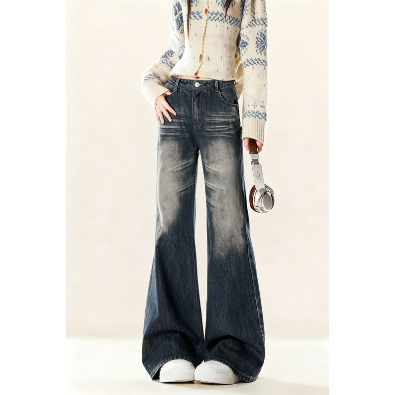 Natural and Non-Tight-Fitting Denim Gray Bootcut Jeans for Women in Autumn and Winter Retro Small People with Drapey Wide-Leg Flares