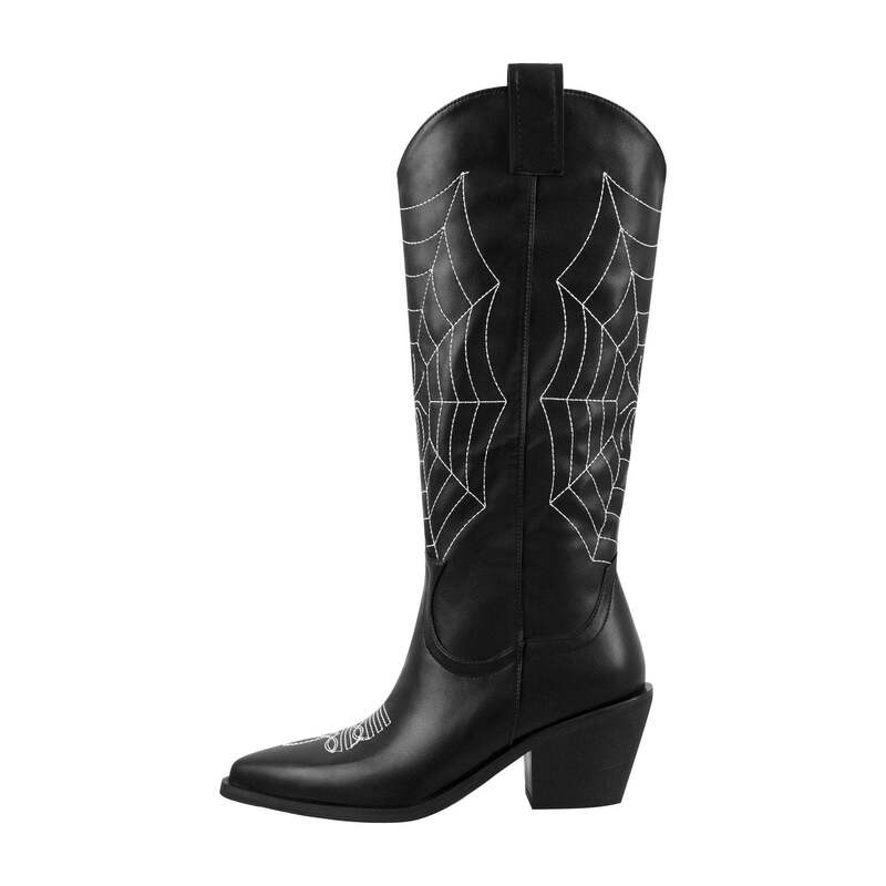 2023 Foreign Trade New Pointed Thick-heeled Low-heeled Cowhide Embroidered Large Size Knee-length Boots Knight Boots Women's Boots