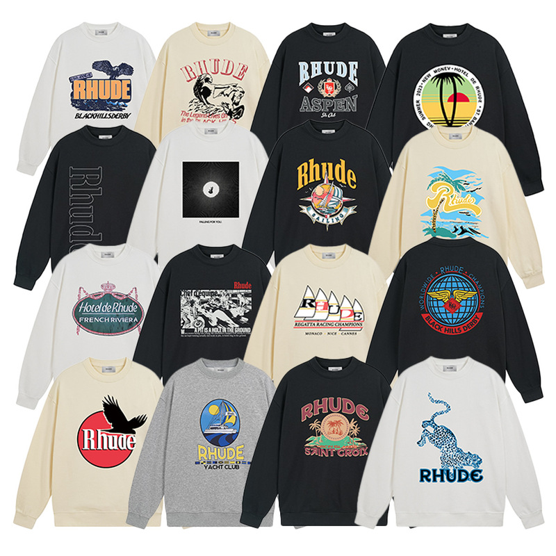New Rhude Letter Logo Printed Terry Loose Round Neck Sweatshirt Ins High Street Fashion Brand Men and Women Autum Cross-Border