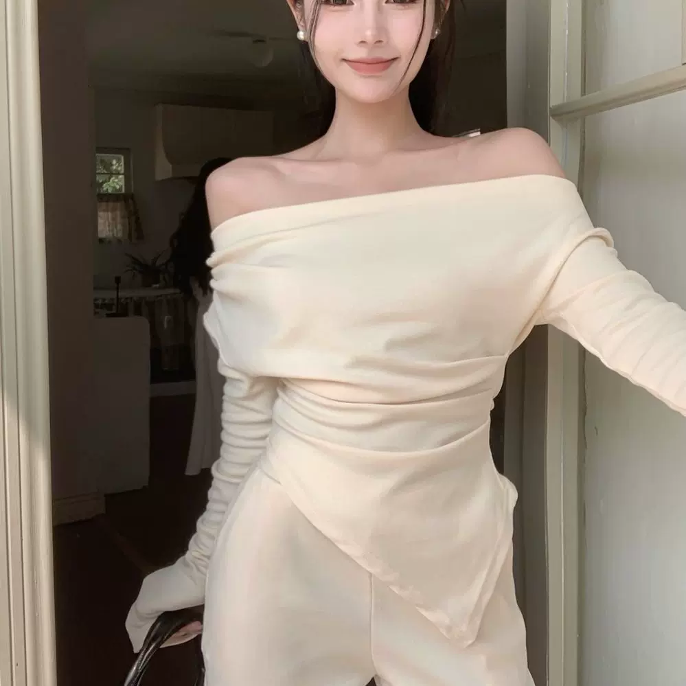 德绒一字肩T恤女装春秋冬修身性感修身不规则露肩保暖打底衫上衣
