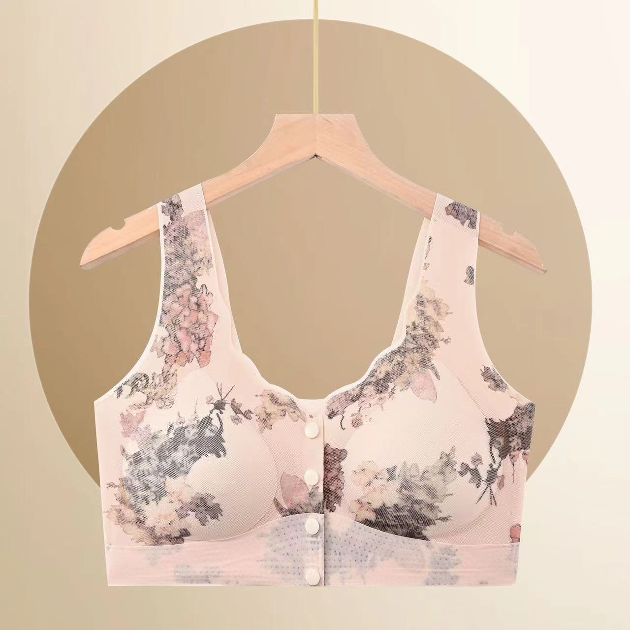 Mamá botón frontal impresa sin marca ropa interior suave sin anillo de acero se reúne para cerrar el pecho de verano delgado de espalda belleza sujetador mujer