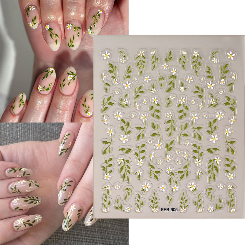 New Willow Leaf Flower Embossed Nail Art Stickers Chinese Style Spring Breath Adhesive Nail Stickers Wholesale Ins Style