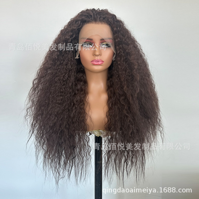 European and American Style Large Lace Wig 13*4 African Small Curls Brown High-Temperature Fiber Natural Fluffy Wig Qingdao Factory Wholesale