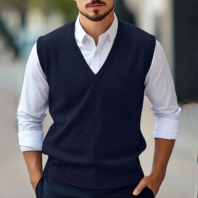 Cross-border New Men's Sleeveless Sweater Vest Casual Solid Color V-neck Knitted Shirt Pullover Four Seasons Vest Men's Shirt