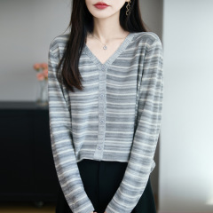 2025年早秋新款精纺羊毛V领针织开衫长袖女流苏拼色条纹宽松上衣