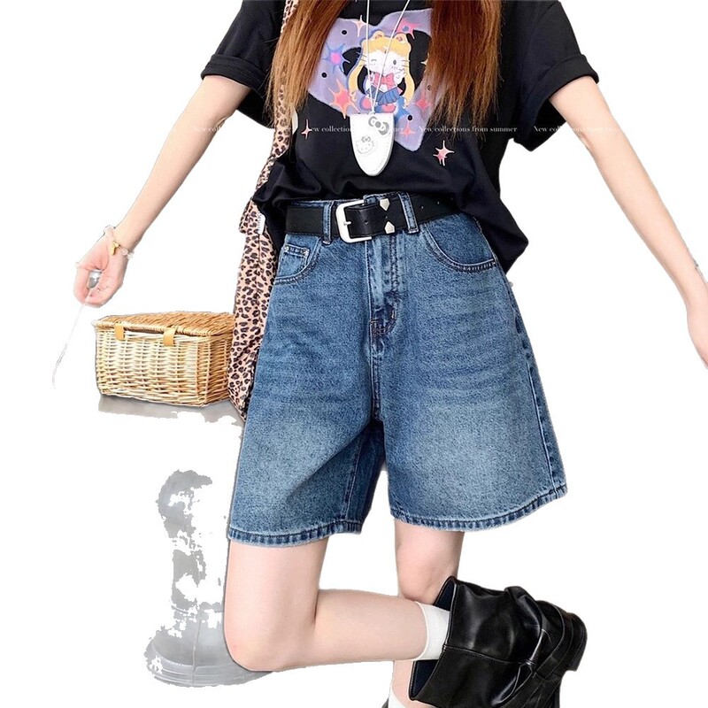复古蓝韩系外穿通勤易搭时尚阔腿牛仔短裤女宽松梨形显瘦身材五分|undefined