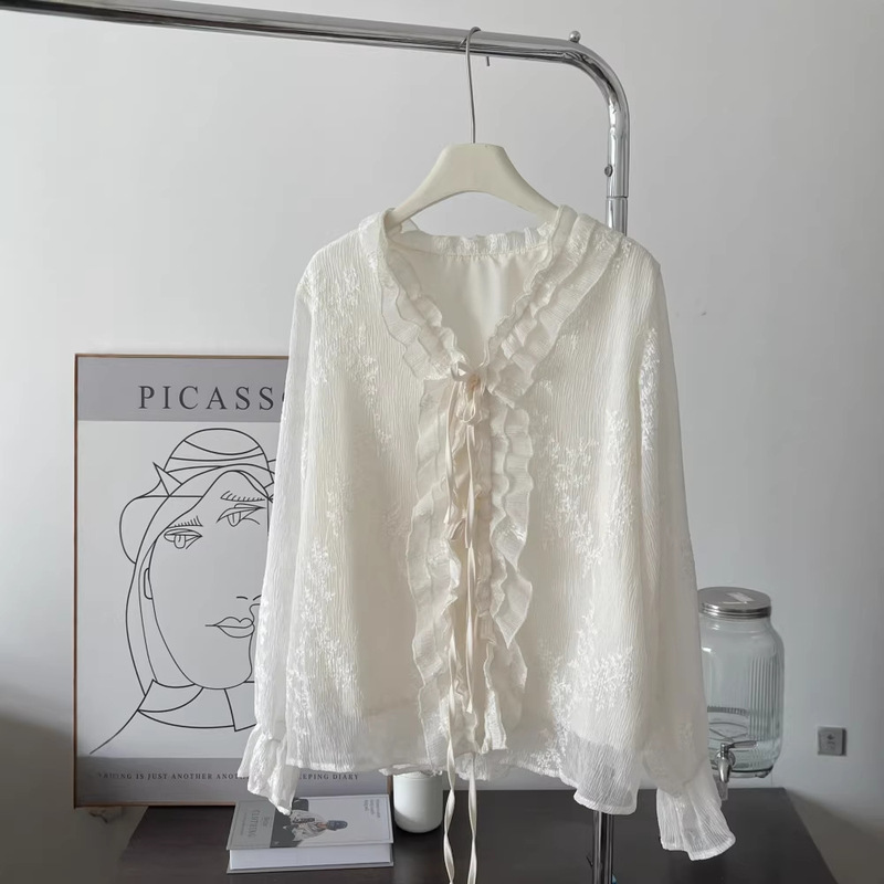 French-Style Gentle V-Neck Lace Shirt, New Long-Sleeve Design with Ruffles, Niche Short-Sleeve Plus Size 6787