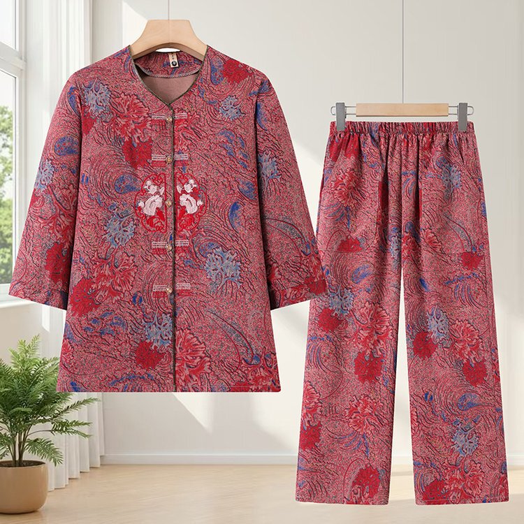 Summer Clothing for Elderly Women, Loose-Fitting Grandma's Seven-Quarter Sleeve Outfit for 70-Year-Olds, Mom's Tang Suit, Clothing for Elderly Ladies