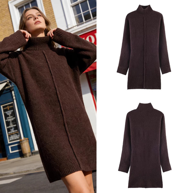 Z Brand Foreign Trade Cross-Border Ready Stock European and American Style Women's Clothing 2026 Spring New Soft Knit High-Neck Short Dress