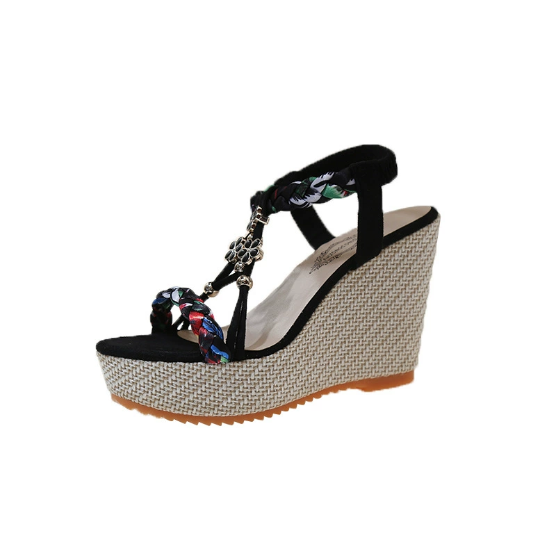 Wedge sandals women, woven platform, elastic back strap, plus sizes, city style