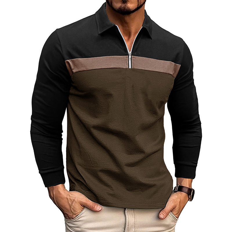 Nueva camisa de polo de costura de solapa Comercio exterior Camiseta de manga larga para hombre 2023 Otoño e Invierno