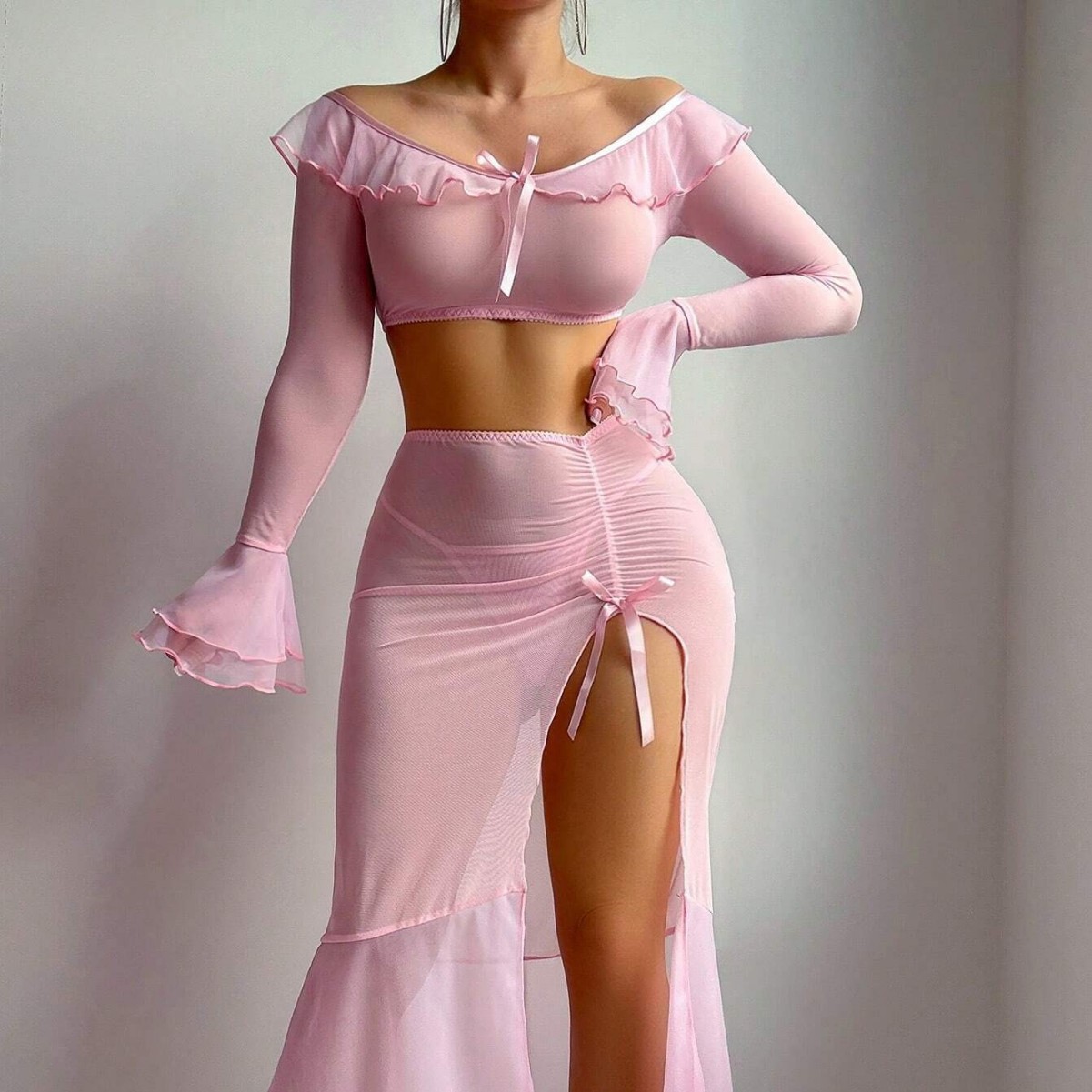 Fashion Perspective Mesh Uniform Temptation High Slit Long Skirt Sexy Lingerie Set_voghion.com