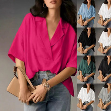 2025亚马逊欧美外贸女式夏季新款短袖翻领休闲宽松上衣纯色衬衣