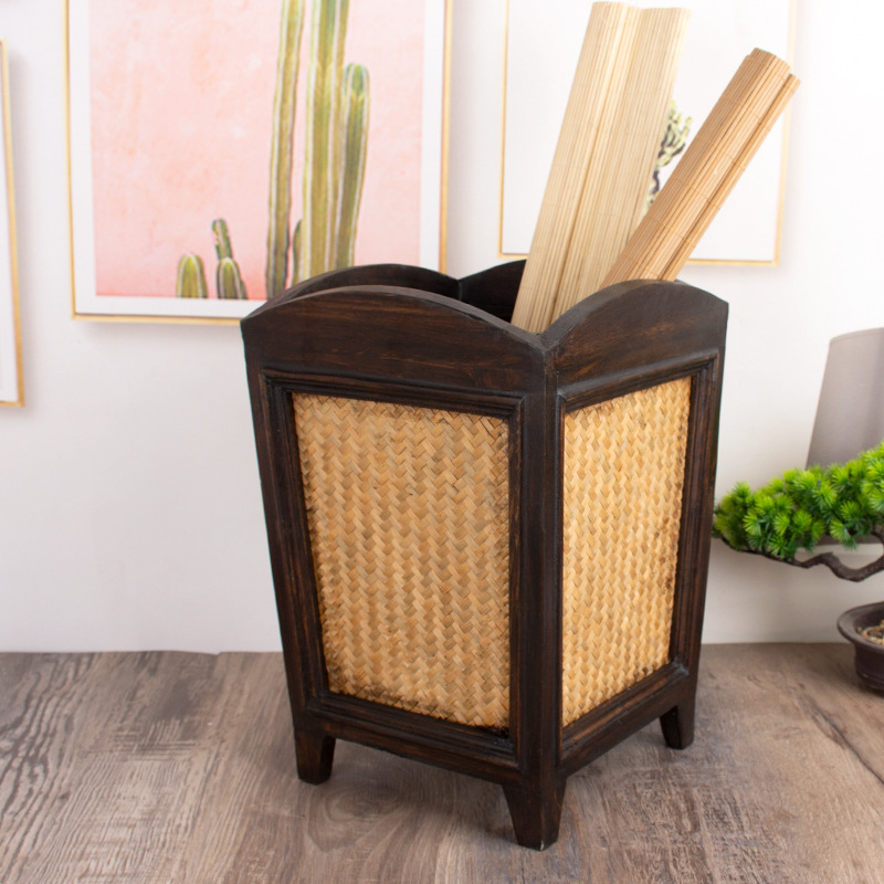 Thailand solid wood Trash woodiness Storage Storage Homestay Retro household a living room wastepaper basket Covered Rattan Dried flowers