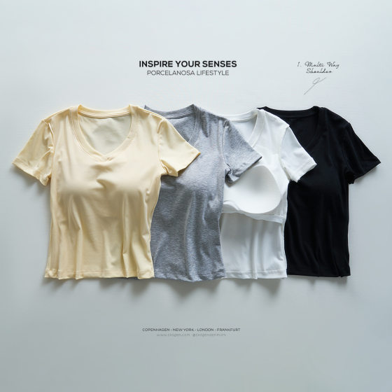 2025 New Short-sleeved T-shirt with Chest Pad Women's Summer Thin V-neck Shoulder Top Wear-free Bra Base Shirt Half-sleeved