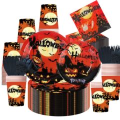 新しいハロウィンパーティー食器ブラッドカラーパンプキンセットホリデーパーティーテーブルクロス紙皿バナー紙コップ装飾