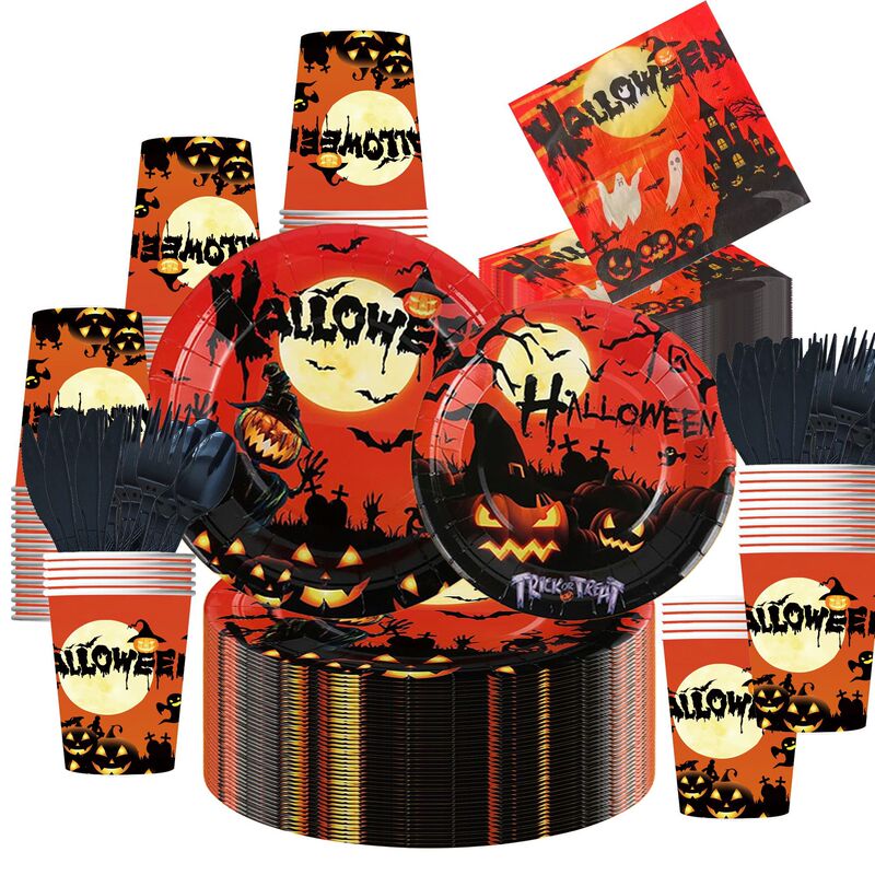 New Halloween Party Tableware Blood Pumpkin Set Holiday Party Tablecloth Paper Plate Banner Paper Cup Decoration New Halloween Party Tableware Blood Pumpkin Set Holiday Party Tablecloth Paper Plate Banner Paper Cup Decoration