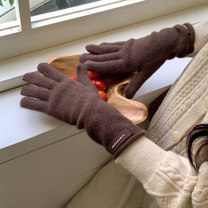 Herbstliche, weiche, einfarbige Spitzenwolle für Damen, warme, gestrickte Fünf-Finger-Handschuhe mit Touchscreen-Funktion für den Winter._voghion.com