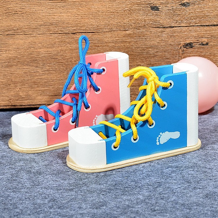 Material didáctico de educación temprana Montessori Cordones de madera para niños Cordones de zapatos Juegos de vida Juguetes de jardín de infantes de madera