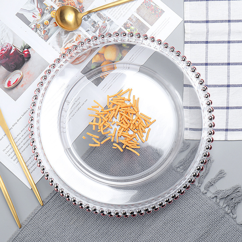 Placa de cuentas redondas de estilo europeo creativo borde dorado Placa de perlas de vidrio transparente Placa de fruta de hotel Placa de carne occidental