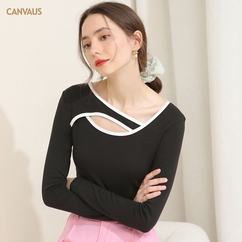 Canvaus mujeres de otoño e invierno de alta gama de diseño de manga larga irregular cuello redondo exterior desgaste hueco-camisa de fondo