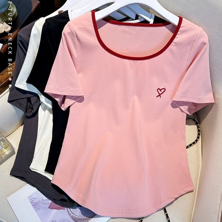Plus Size Women's Right Shoulder Embroidered Short-Sleeved T-Shirt Women's Summer New Style Covering Belly Fat mm Slimming Look Loose Top Women