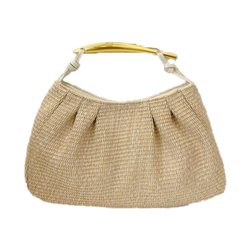 Pleated Cloud Shoulder Bag For Women, Baguette Crossbody Bag, Seaside Vacation Style Casual Underarm Dumpling Bag, Straw Woven - Thumbnail 7