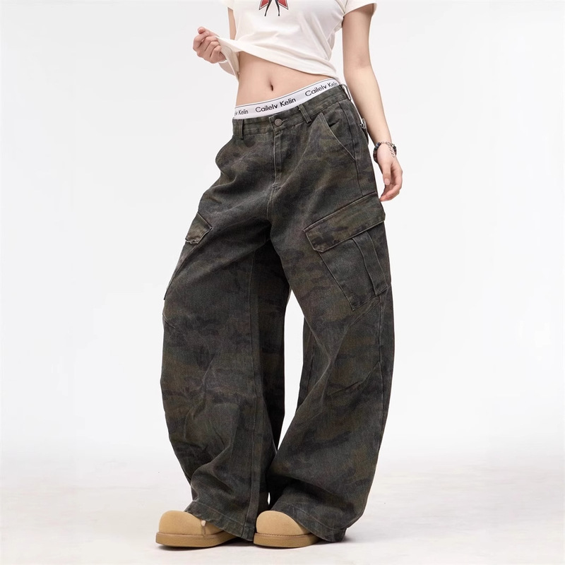 Camouflage Workwear Jeans for Women, Hip-Hop, Hip-Hop, High Street Scimitar Pants, Large Flap Pocket Pantss, American Casual Draped Long Pants, Trendy