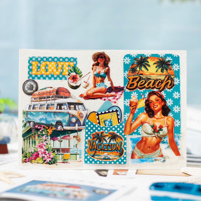 Pegatinas de palabras, serie de planificación de escape de verano, tema de vacaciones, ilustración creativa, material de cuenta manual, pegatinas de collage