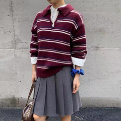 美式老爹风条纹羊毛polo衫毛衣女25秋冬慵懒感宽松套头针织衫卫衣