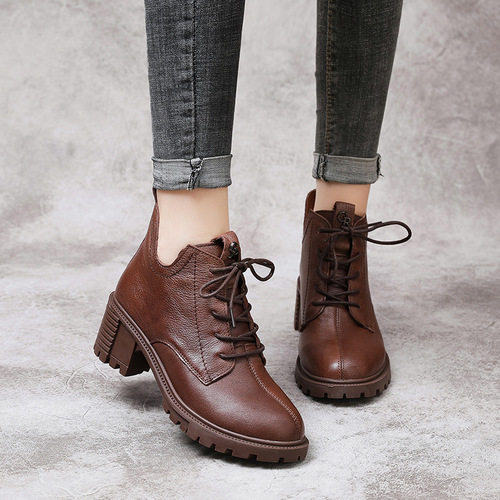 Autumn and winter new style genuine leather women's short boots retro-style chunky mid-heel soft-soled boots color-washed lace-up Martin boots