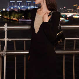 定制新款 星落黑曜冬季深V拼接长袖抽褶收腰包臀鱼尾连衣裙长裙潮