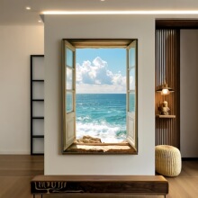 现代简约假窗户大海风景装饰画沙发背景墙落地画空间延伸卧室挂画