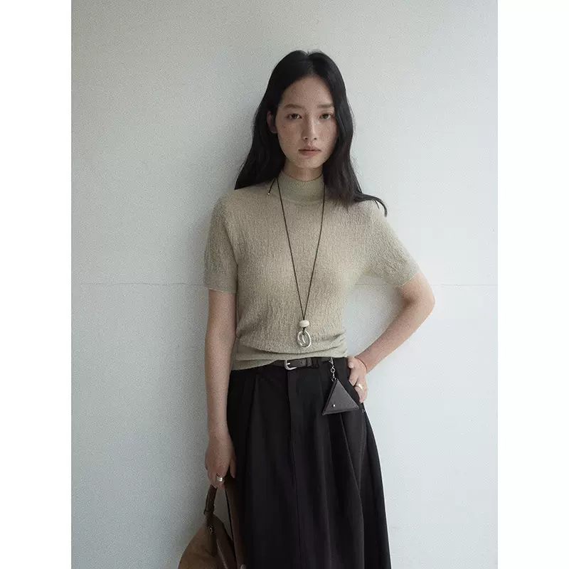 MMC肌理感短袖针织衫女秋季新款韩系修身显瘦马海毛半高领打底衫