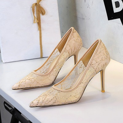 1963-7 European and American style sexy banquet high-end slim heeled super high heels for women, lace mesh pointed shall