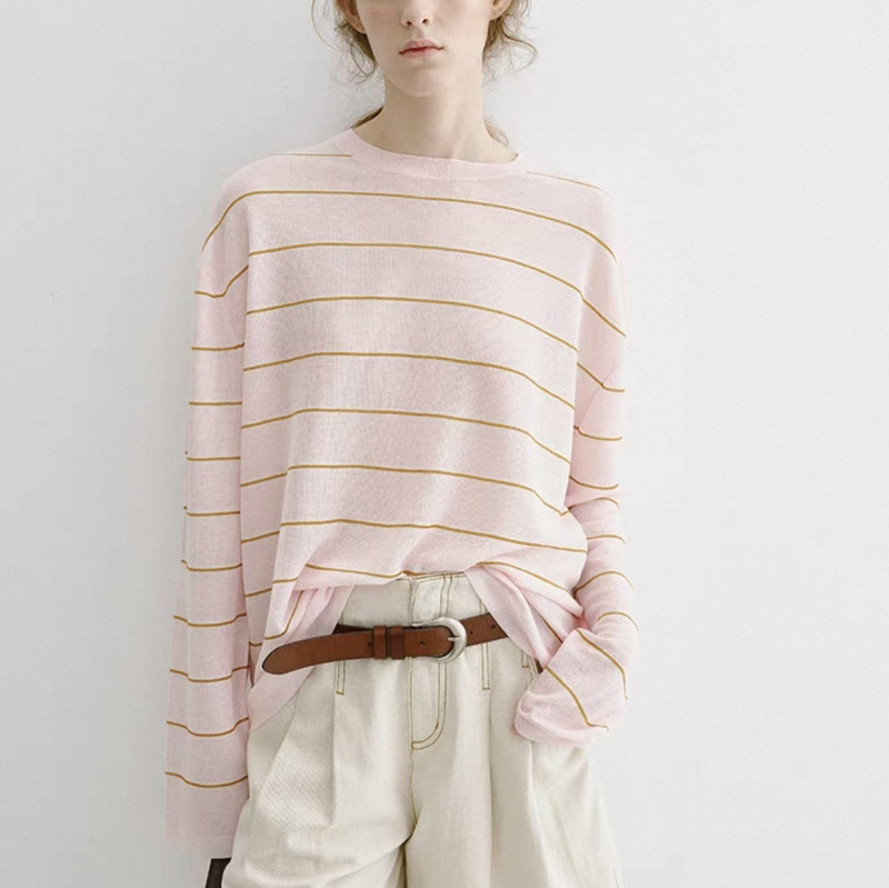 Lightweight Linen-Blend Striped Knitwear Long-Sleeved Breathable Relaxed Sun Protection Cover-Up for Women