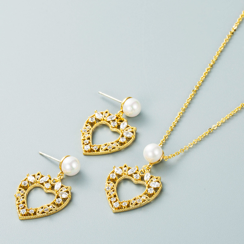 Hollow Heart-shaped Pearl Pendant Korean Style Earrings Necklace Set Wholesale Jewelry Nihaojewelry display picture 5