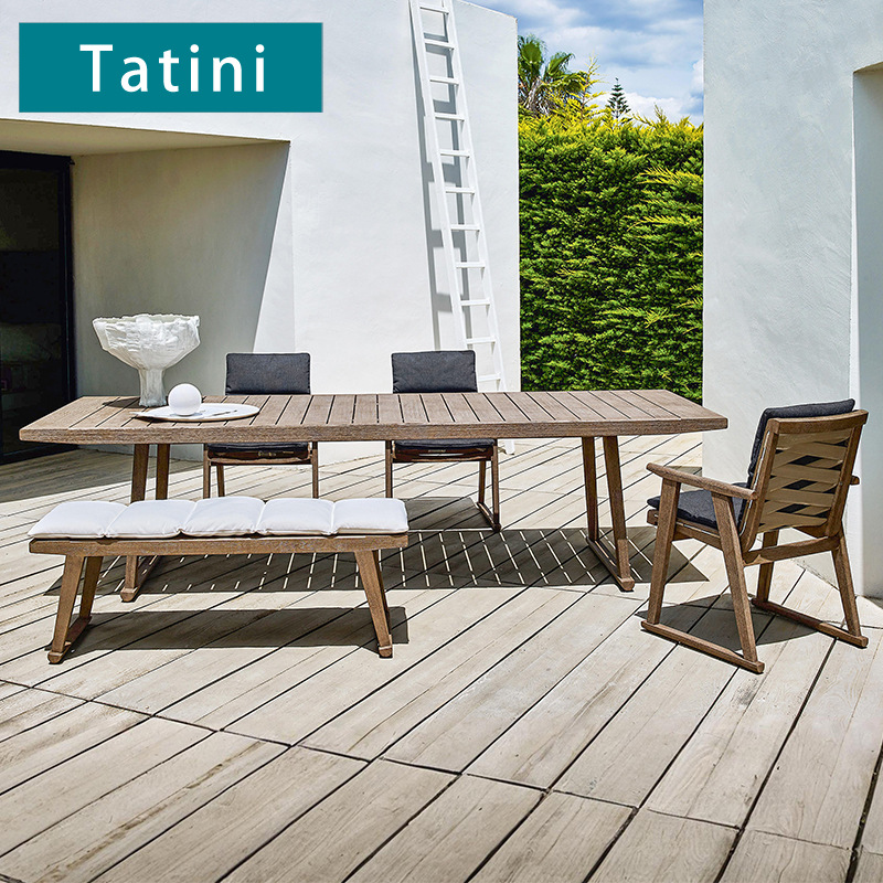Mesa y silla de madera maciza al aire libre patio jardín ocio mesa larga hotel villa jardín impermeable combinación de mesa de teca