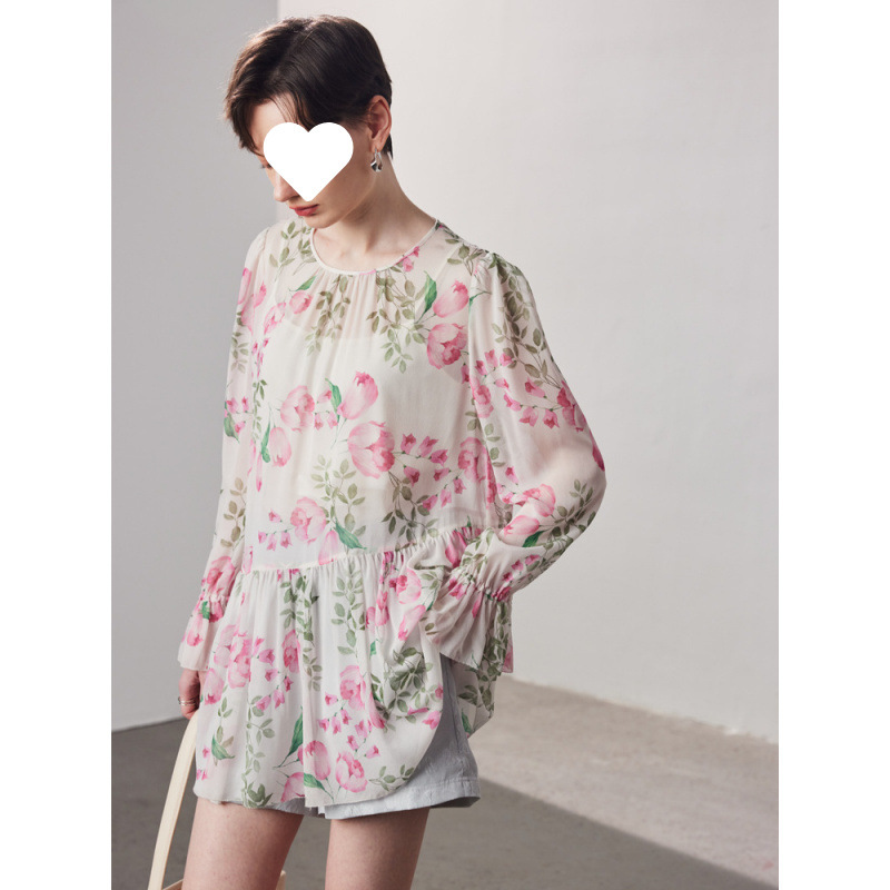 Silk Shirt Women's 2025 Spring and Summer New Two-piece Doll Shirt Printed Micro-transparent 100% Mulberry Silk Top
