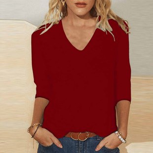Amazon Explosions Spring and Summer 2023 New Women's V-neck Seven-point Sleeve Solid Color Printed Loose T-shirt Cross-border Top