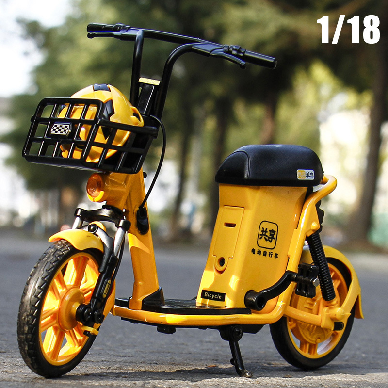 [Boxed] 1:10 Alloy Shared Bicycle Electric Bicycle Motorcycle Takeaway Car with Helmet Model Toy Car