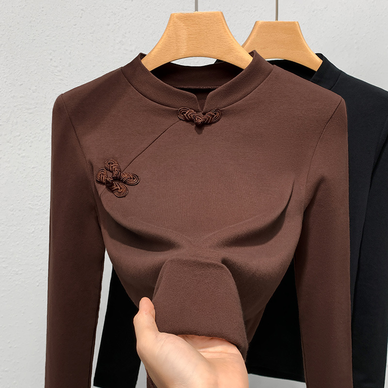 Collar de pie camisa de fondo para mujeres 2023 nueva ropa de mujer estilo occidental hebilla manga larga Camiseta cintura apretada desgaste interior nuevo estilo chino top image 4