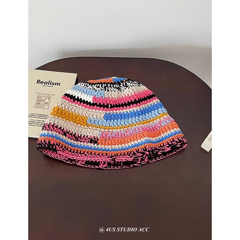Японский нишевый ретро цветной handmade полосатый вязаный рыбацкий берет женский осень-зима свободный открывающий лицо маленькая шерстяная шапочка тренд